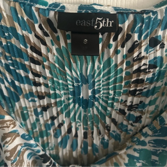 East 5th Teal & Brown Accordian Pleated Button Down Top w/ Capped Sleeves, Small - Picture 2 of 6